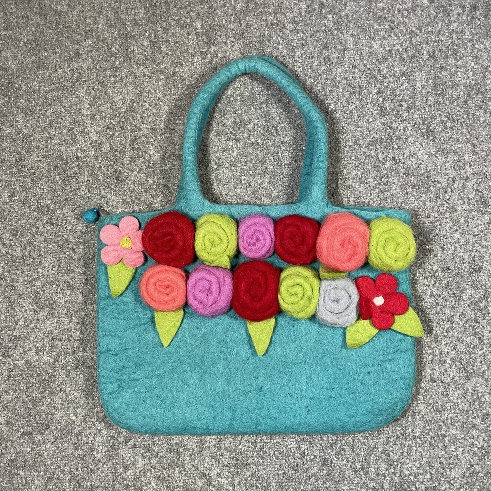 BNB Felted Wool Tote Bag Womens Large Turquoise Blue 3D Floral Applique Nepal